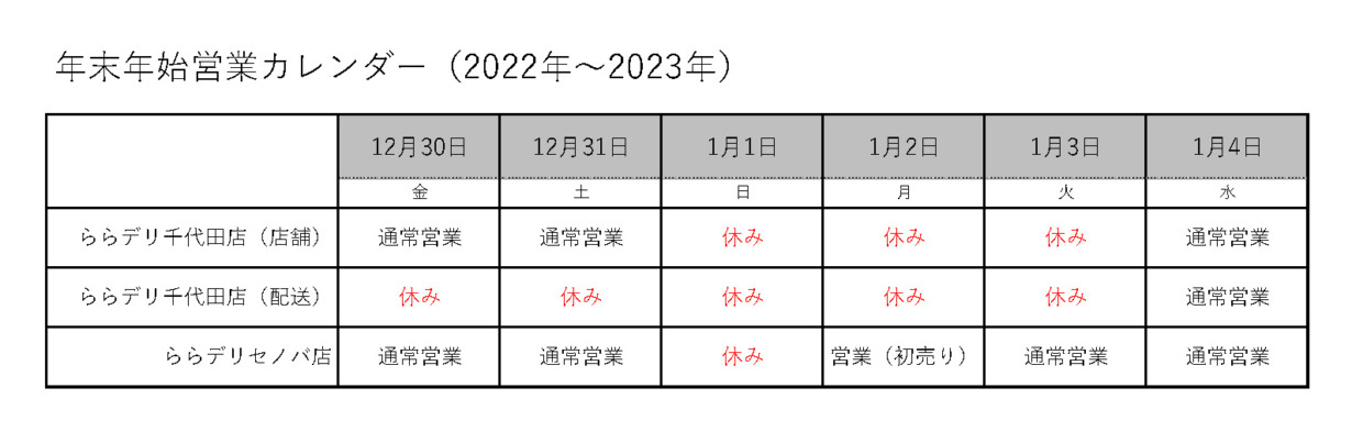 年末年始の営業案内